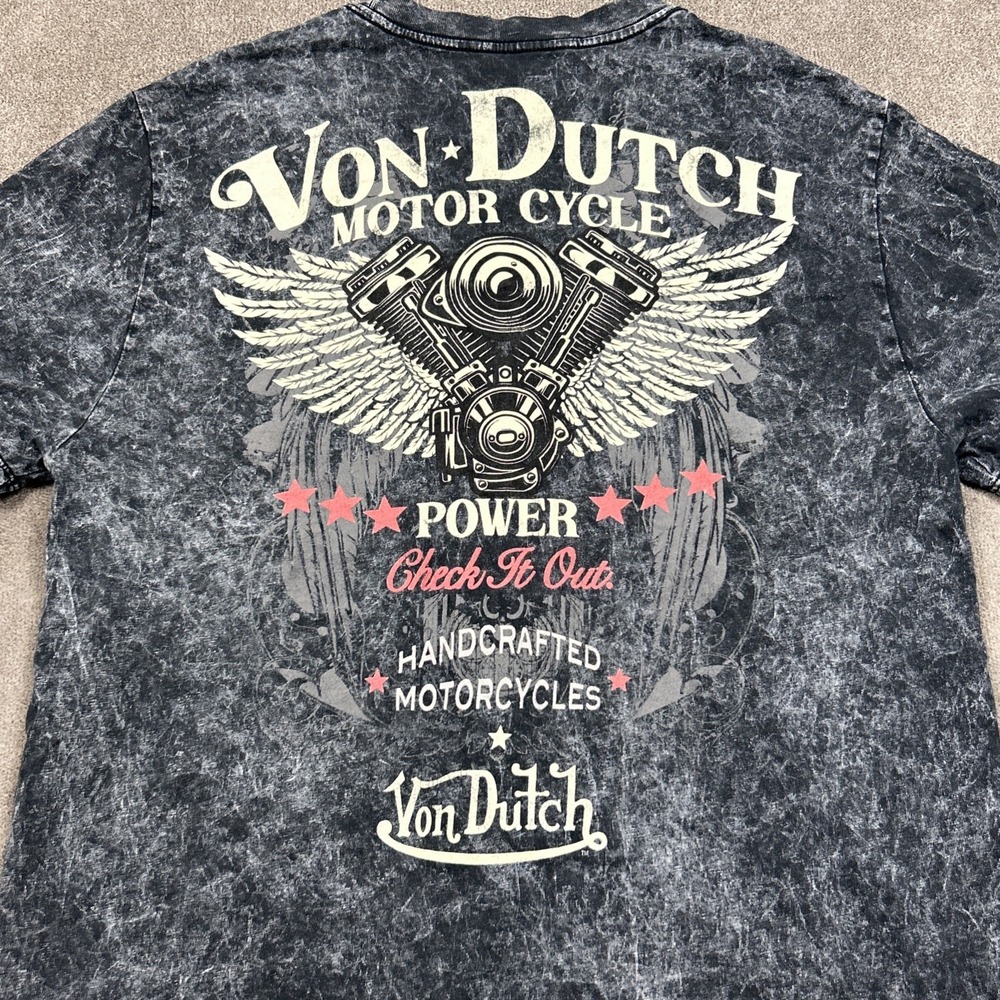 Von Dutch Mens Size Medium Gray Graphic T-Shirt Motorcycle Engine Wings